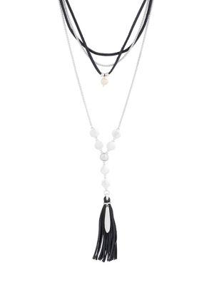 Lucky Brand Land And Sea Faux Pearl, Freshwater Pearl, Crystal And Leather High Shine Layer Necklace