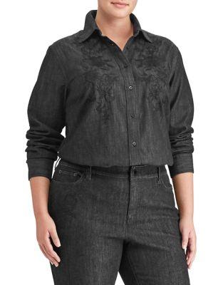 Lauren Ralph Lauren Plus Embroidered Floral Denim Button-down Shirt