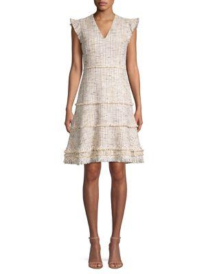 Elie Tahari Loraine Fringed Tweed Flare Dress