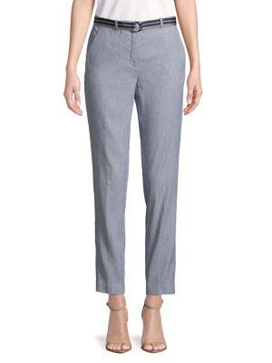 T Tahari Belted Striped Linen-blend Pants
