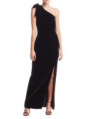 Ml Monique Lhuillier One-shoulder Velvet Side Slit Gown