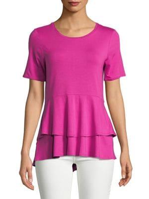 H Halston Short Sleeve Crewneck Multi Tier Peplum Tee