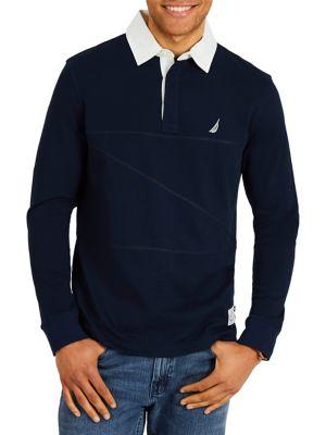 Nautica Classic Fit Long Sleeve Pieced Woven Collar Shipman Polo