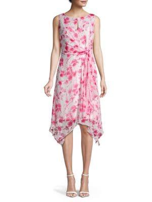 Karl Lagerfeld Paris Printed Chiffon Hanky Hem Midi Dress