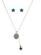 Betsey Johnson Silvertone & Crystal Fireball Pendant Necklace & Star Stud Earrings Set