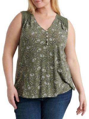 Lucky Brand Plus Printed Henley V-neck Top