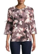 Ellen Tracy Floral Ruched Tied-sleeve Top