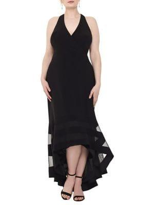 Xscape Plus Halter V-neck Mesh Flounce High-low Gown
