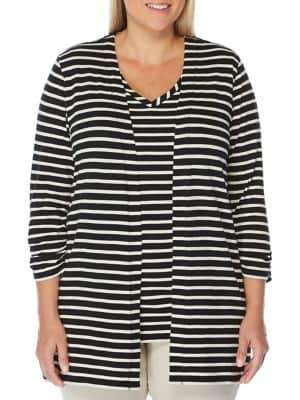 Rafaella Plus Striped Open-front Cotton Cardigan