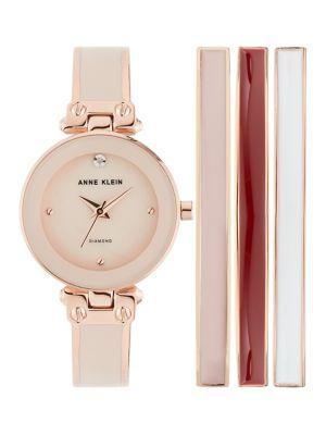 Anne Klein Rose Goldtone & 0.1 Tcw Diamond Bracelet Watch & Bangle Bracelet Set