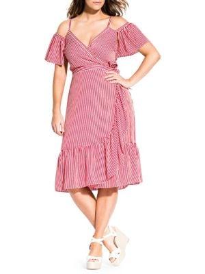 City Chic Plus Riviera Striped Cold-shoulder Wrap Dress