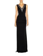 Nicole Miller Florence Beaded V Neck Crepe Gown