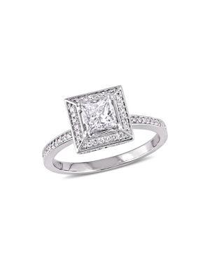 Sonatina Princess And Round Floating Diamond And 14k White Gold Halo Engagement Ring