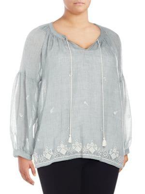 Vince Camuto Plus Embroidered Tied Melange Gauze Top