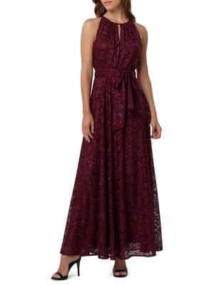 Tahari Arthur S. Levine Keyhole Floral Lace Tie Maxi Dress