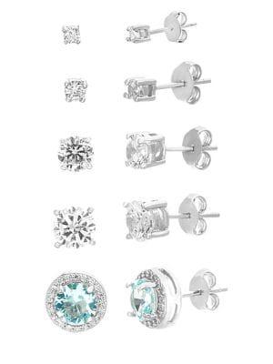 Lord & Taylor Set Of Five 925 Sterling Silver & White Crystal Stud Earrings