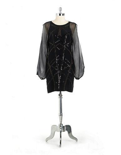 Nicole Miller Silk Split-sleeved Beaded Shift Dress