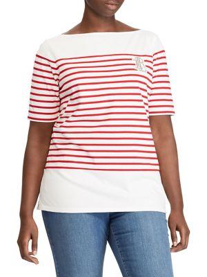 Lauren Ralph Lauren Plus Striped Boatneck Cotton Top