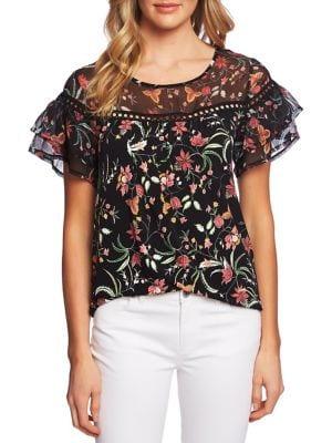 Cece Desert Floral Mix Media Ruffle Top