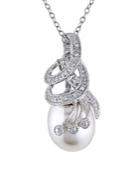 Sonatina Sterling Silver, 10-10.5mm Rice White Pearl & Diamond Pendant Necklace