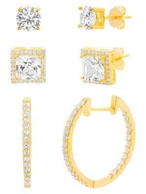 Lord & Taylor 3-pair 14k Goldplated Sterling Silver & Crystal Stud & Hoop Earrings