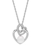 Lord & Taylor Linked Heart 7mm White Pearl And Diamond Pendant Necklace