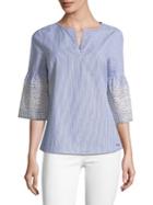 Ivanka Trump Striped Embroidered Bell-sleeve Top