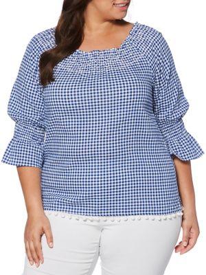 Rafaella Plus Gingham Bell-sleeve Cotton Top