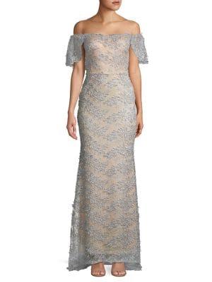 Nicole Bakti Off-shoulder Flutter Lace Gown
