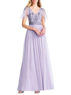 Adrianna Papell Beaded Long Chiffon Dress
