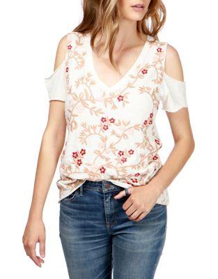 Lucky Brand Floral Embroidered Cold-shoulder Cotton Top