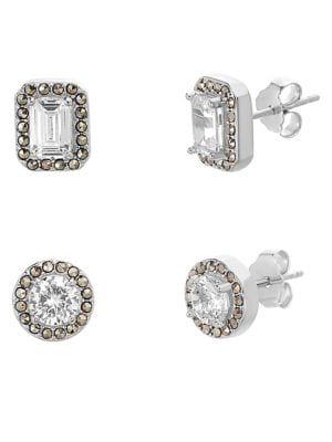 Lord & Taylor Set-of-2 925 Sterling Silver & White Crystal Halo Stud Earrings