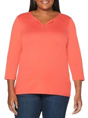 Rafaella Plus Studded Neck Long Sleeve Top