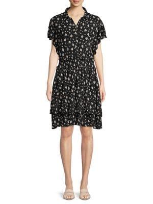 C & C California Smocked Floral Ruffle Shirt Dress