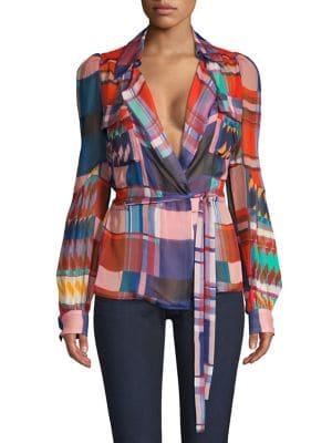 Diane Von Furstenberg Joanna Check Silk Wrap Blouse