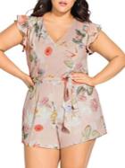 City Chic Plus Floral-print Frill-sleeve Playsuit