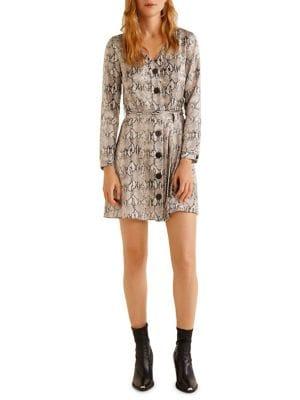 Mango Snakeskin-print Button-front Satin A-line Dress