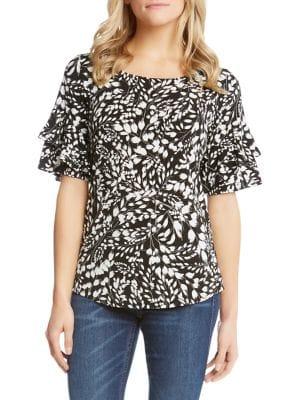 Karen Kane Abstract-print Ruffle-sleeve Top