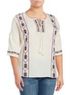 Lucky Brand Plus Three-quarter Sleeved Embroidered Peasant Top