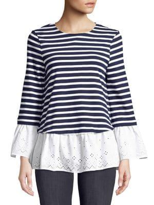 Beach Lunch Lounge Bell-sleeve Eyelets And Stripes Top