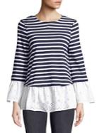 Beach Lunch Lounge Bell-sleeve Eyelets And Stripes Top