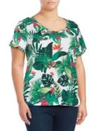 Lord & Taylor Plus Tropical Leaf Cotton Slub V-neck Roll Sleeve Tee