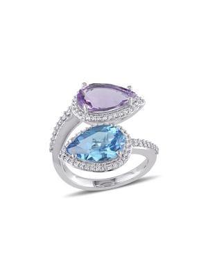 Sonatina 14k White Gold, Amethyst, Swiss Blue Topaz & Diamond Bypass Ring