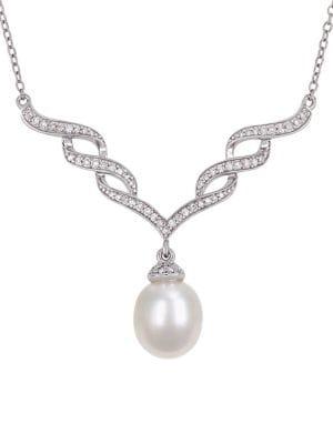 Sonatina Sterling Silver, 9-9.5mm Freshwater Pearl & Diamond Twist Drop Necklace