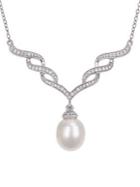 Sonatina Sterling Silver, 9-9.5mm Freshwater Pearl & Diamond Twist Drop Necklace