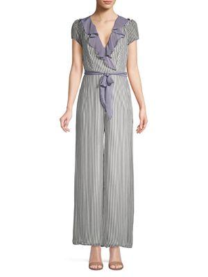 Gabby Skye Plus Ruffle Trimmed Stripe Jumpsuit