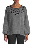 Karl Lagerfeld Paris Floral Embroidered Puff Sleeve Sweater