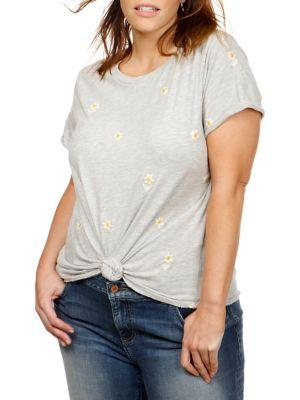 Lucky Brand Plus Floral-embroidered Knot Hem Tee