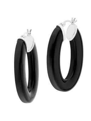 Gold And Honey Sterling Silver Flat Black Oval Lucite Hoop Earrings