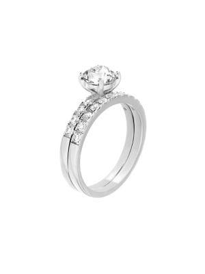 Lord & Taylor Round Double-band Sterling Silver & Swarovski Crystal Engagement And Wedding Ring Set
